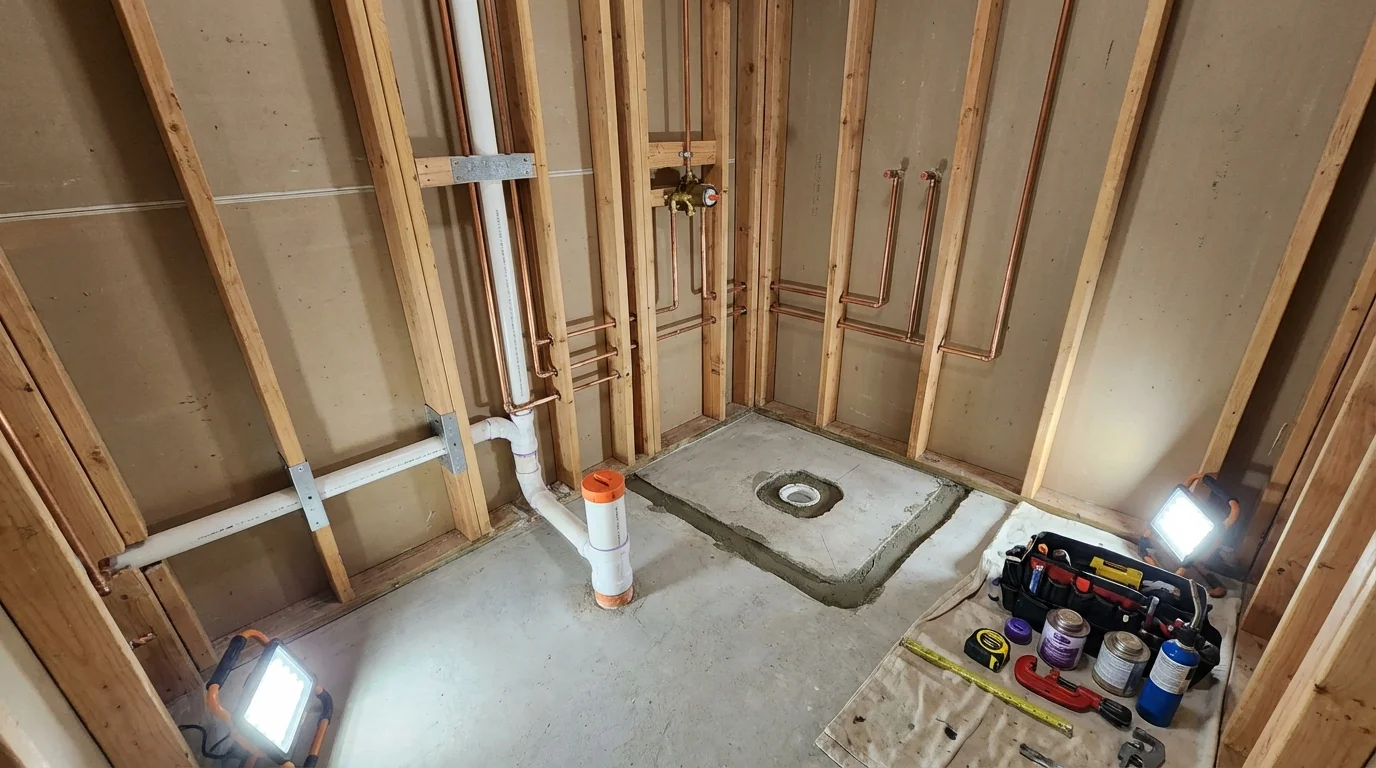 Bathroom rough-in plumbing during remodel by Johns Plumbing LLC in New Vienna