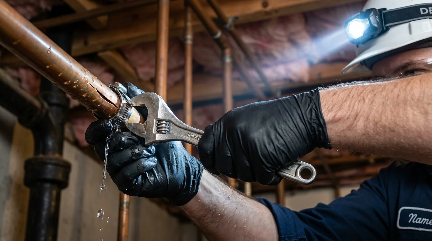 Emergency pipe clamp repair being performed by a Johns Plumbing LLC plumber in New Vienna