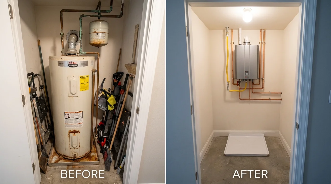 Tank water heater versus wall-mounted tankless unit comparison for New Vienna, OH homeowners