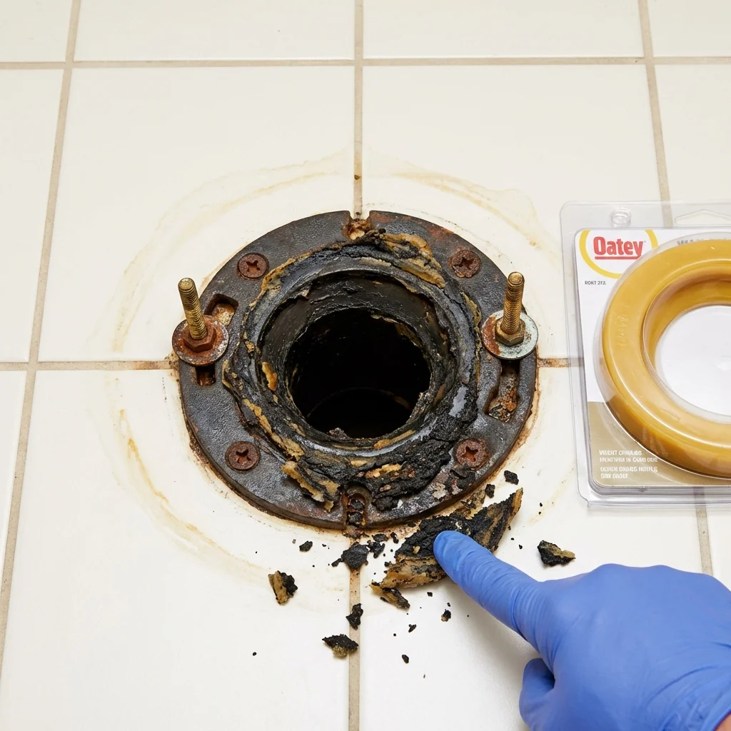 Failed wax ring showing water seepage at the base of a toilet in a New Vienna, OH home