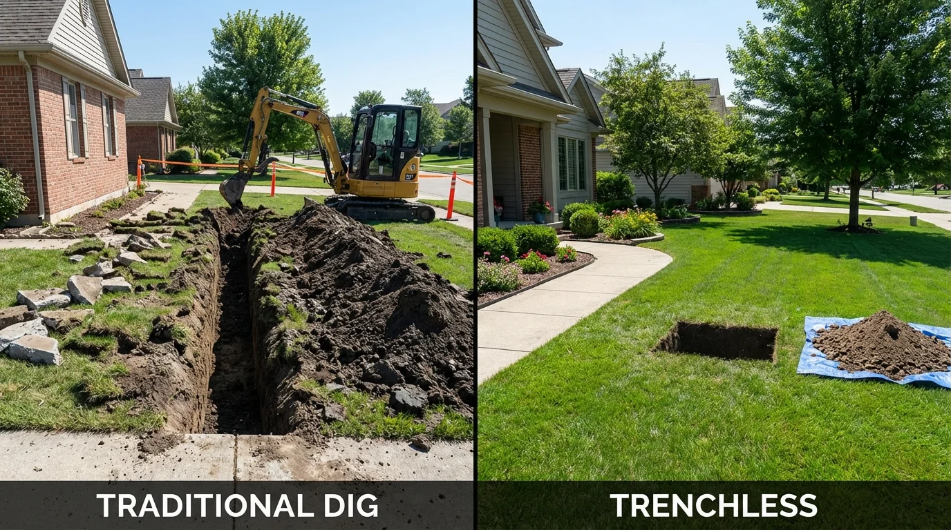 Trenchless sewer repair with minimal yard damage versus traditional excavation in New Vienna, OH