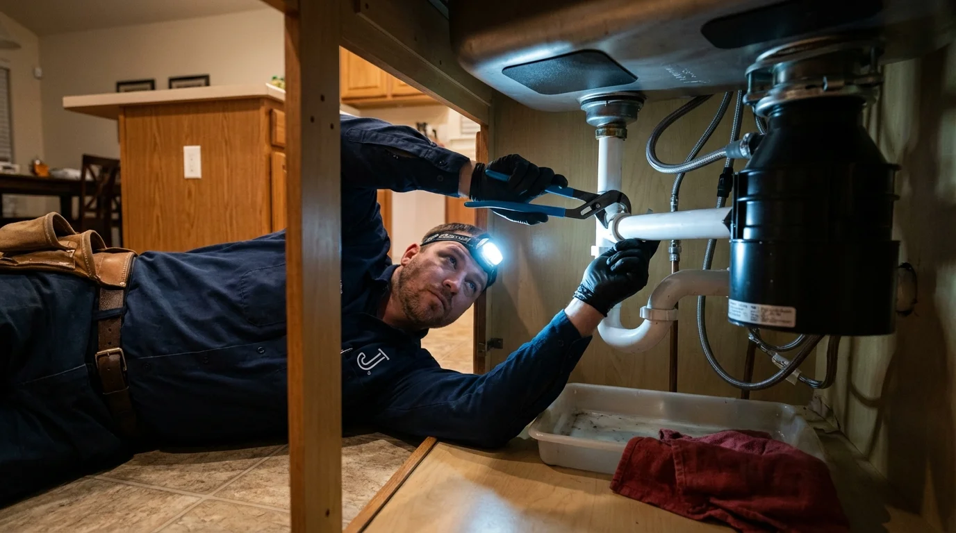 P-trap and supply line connections under a kitchen sink showing a common leak point in New Vienna, OH